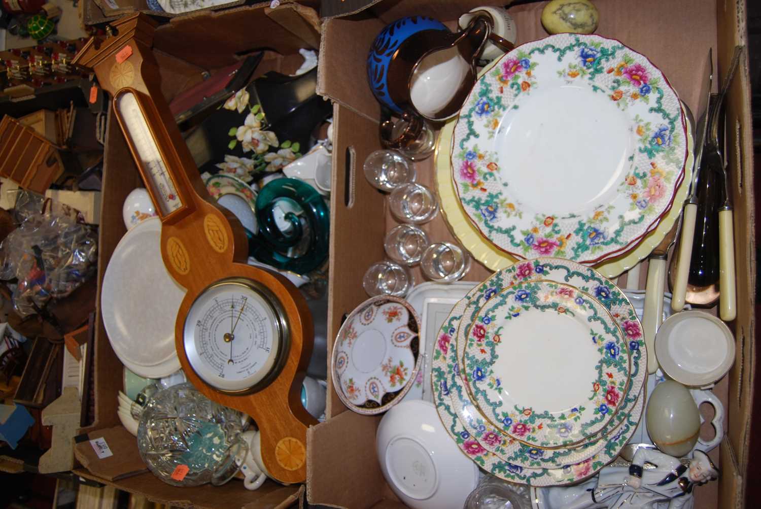 Three boxes of assorted table china, glassware, reproduction wall barometer etc