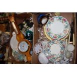 Three boxes of assorted table china, glassware, reproduction wall barometer etc