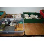 Four boxes, to include assorted table china, dressing table wares, trinket boxes, cutlery, hat-