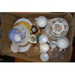 A box of mixed table china together with Toby jugs, sundry glassware etc