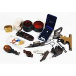 A box of miscellaneous items to include a Victolrian lignum vitae desk seal, folding compass, pocket