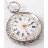 A continental silver cased open faced pocket watch, having a jewelled white enamel dial, engraved