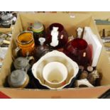 A box of miscellaneous china and glassware, to include Continental beersteins, figural book-ends