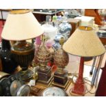 A faux rouge marble table lamp, in the form of an ionic column, height 52cm with shade, together