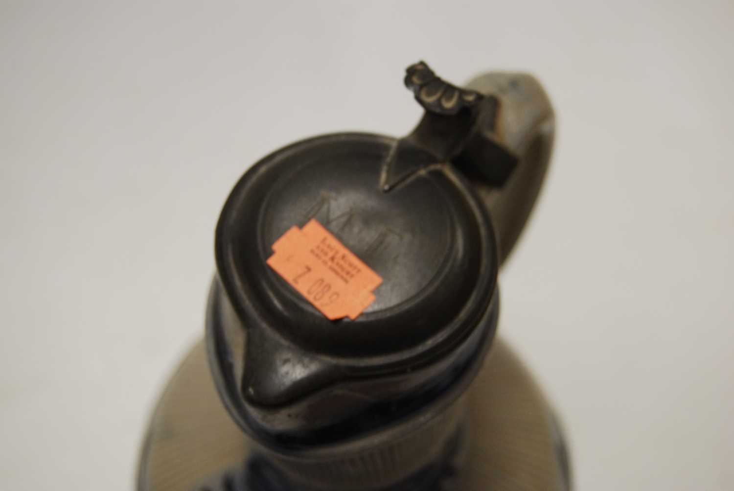 A German Westerwald stoneware jug, with pewter lid and thumb rest decorated in blue with a crucifix, - Image 3 of 14