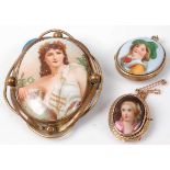 A 19th century porcelain portrait brooch in yellow metal mount, with safety chain, 25mm; together