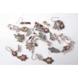 Assorted silver and white metal semi-precious set earrings, comprising of approx 13 pairs, 85g