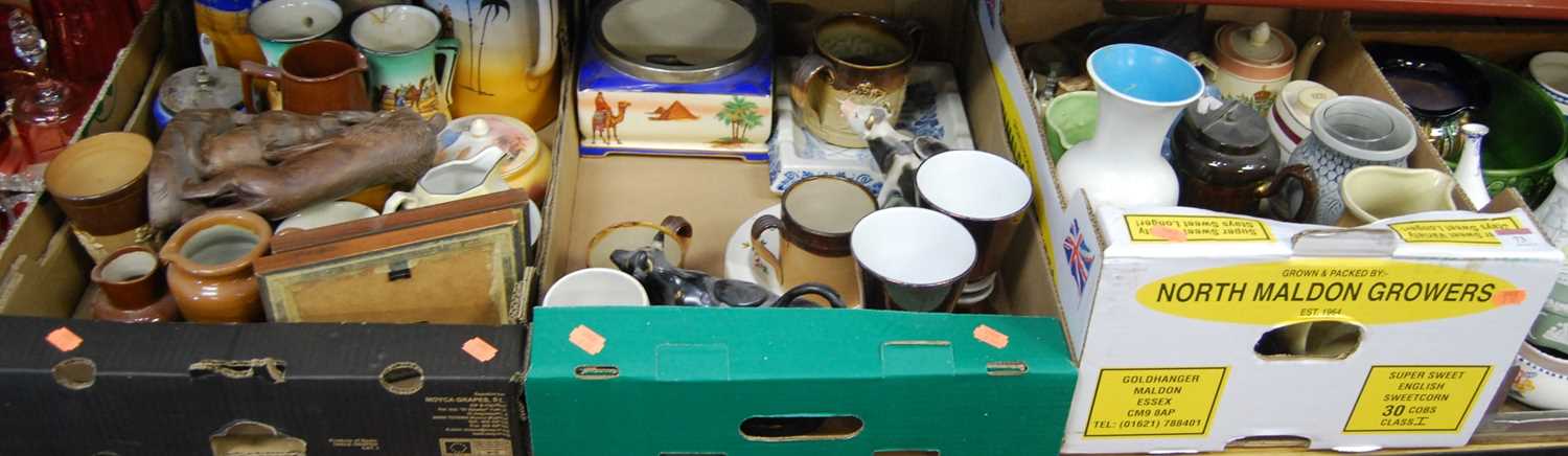 Three boxes containing a collection of various ceramics to include a harvest ware twin handled