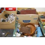 Three boxes of sundries to include treen, ironstone jugs, pair field binoculars, glassware etc