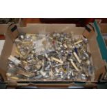 A box of miscellaneous loose silver plated flatware, various patterns, dates, makers