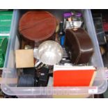 A box of various items to include cameras, hip flasks, a silver plated tankard, etc