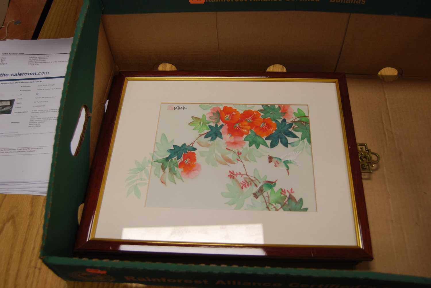 A box containing a collection of Chinese porcelain plates and Chinese silk paintings - Image 4 of 14