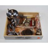 A box of miscellaneous items to include George VI silver plated twin handled boxing trophy,