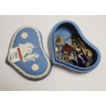 A Wedgwood blue jasperware heart shaped trinket jar and cover containing various white metal