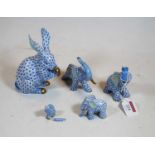 A Herend of Hungary porcelain figure of a rabbit, handpainted in shades of blue with gilt nose and