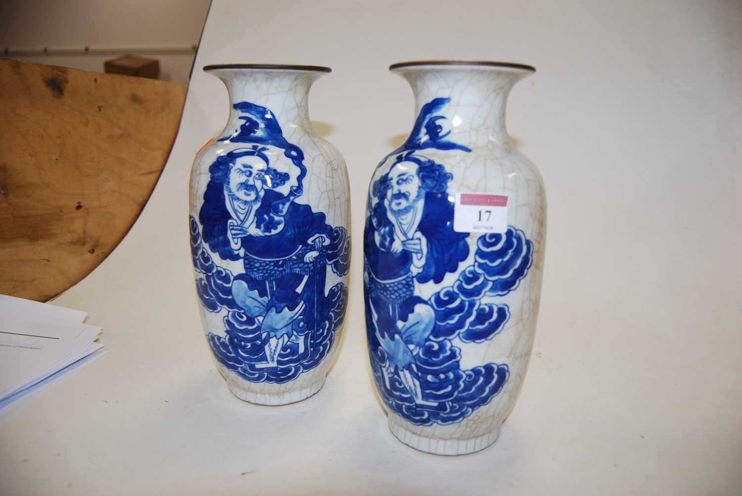 A pair of 20th century Chinese blue & white crackle glazed vases, with flared rims, the ovoid body - Image 3 of 6