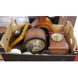 An Edwardian inlaid oak mantel clock together with other early and mid 20th century mantel and alarm