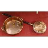 A Victorian brass twin handled preserve pan, a Victorian copper warming pan, and sundry brass