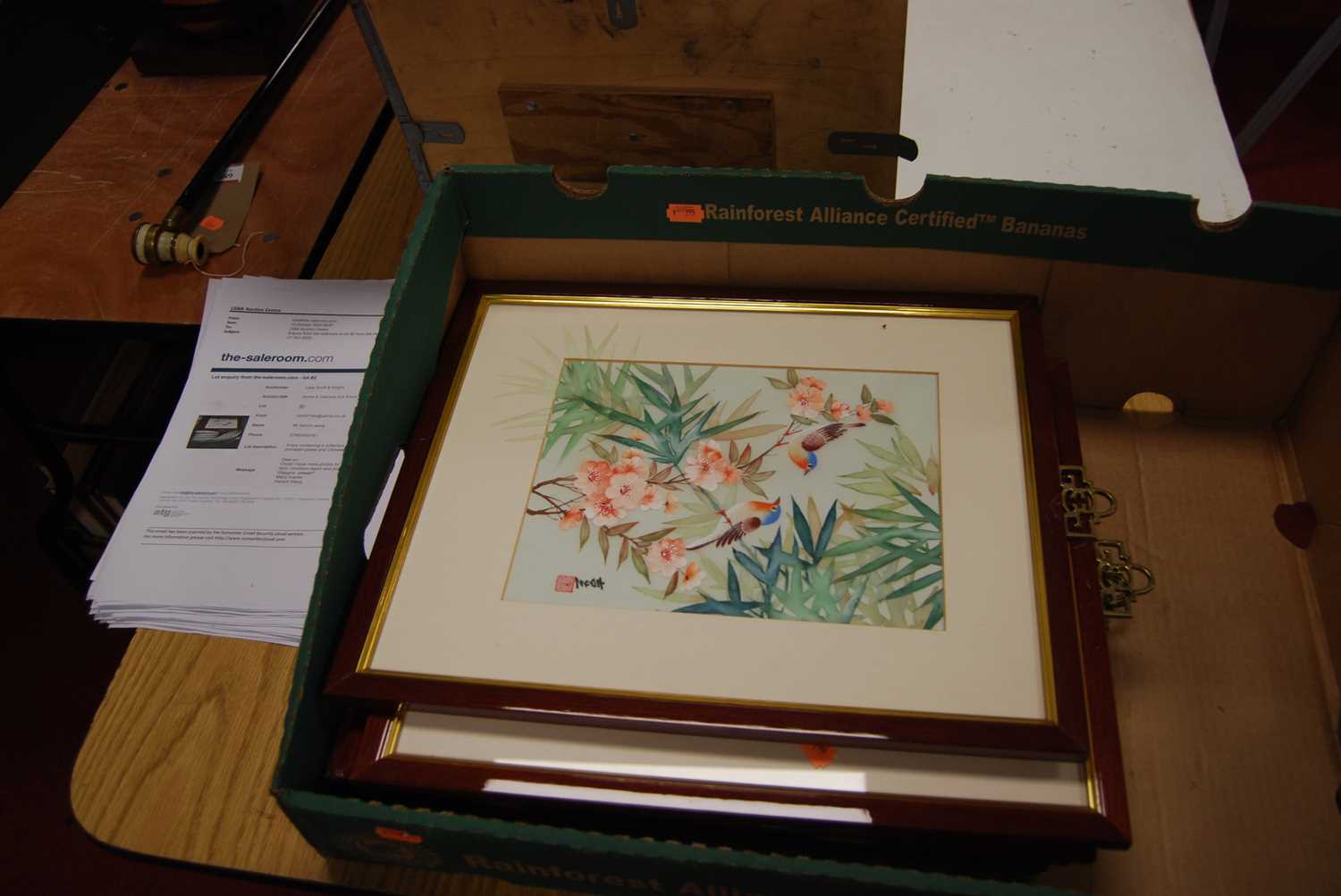 A box containing a collection of Chinese porcelain plates and Chinese silk paintings - Image 9 of 14