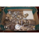 A box of miscellaneous silver plate to include four division toast rack, lawn tennis tournament
