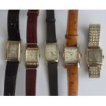 Five various gents vintage gold plated tank watches to include Hamilton x2, Lord Elgin x2, and