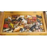 A collection of Britains lead farm animals, farm buildings, etc, all playworn