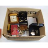 A box of miscellaneous items to include modern pocket watch on chain, Waddingtons Lexicon Card Game,