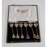 A set of six sterling silver coffee spoons each terminal enamel decorated with an area of India in