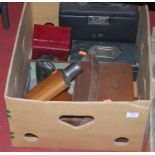A box of miscellaneous items to include early 20th century hip flask having leather clad glass