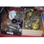 Two boxes of miscellaneous items to include various brass lamp parts,lawn bowls, salter scales,