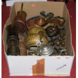 A box of miscellaneous metal ware to include continental copper jug relief decorated with a tavern