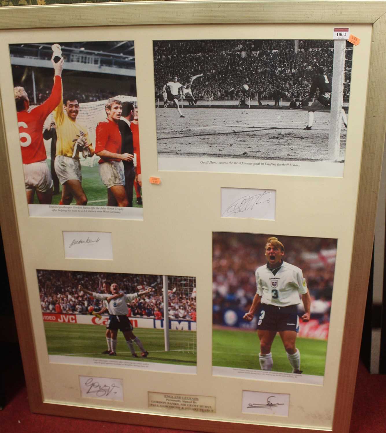 England Football Legends - four photographs of Gordon Banks, Sir Geoff Hurst, Paul Gascoigne, and