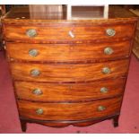A mid-19th century mahogany crossbanded and satinwood strung bowfront chest, having five long