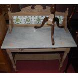 A late Victorian satin walnut, white variegated marble topped, and tile inset single drawer wash-