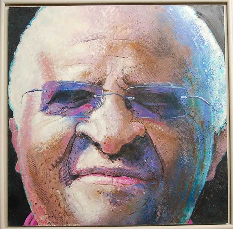 Brian Elwell - portrait of Archbishop Desmond Tutu, oil on board, 61x61cm