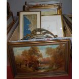 A box of assorted pictures and prints, to include waterfall scene oil on canvas, gilt framed and