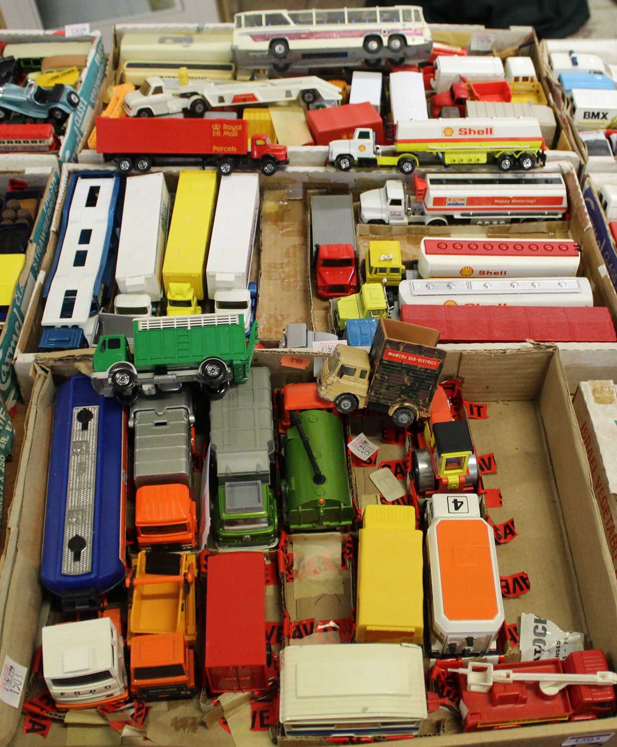 Three boxes of mixed diecast, to include Dinky Supertoys, Vega Major luxury coach, various refuse