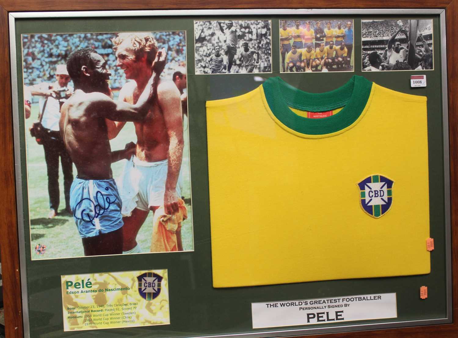 Brazil and Pelé interest - framed replica shirt and supporting photographs, signed by Pelé and in