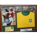 Brazil and Pelé interest - framed replica shirt and supporting photographs, signed by Pelé and in