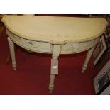 A contemporary French style painted demi-lune hall table, w.96cm