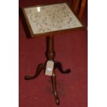 A 19th century mahogany and floral silk inset tilt-top pedestal tripod occasional table (adapted)