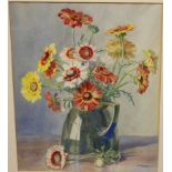 E Tregeur - Still life with flowers in a jug, watercolour signed lower right, 34x28cm