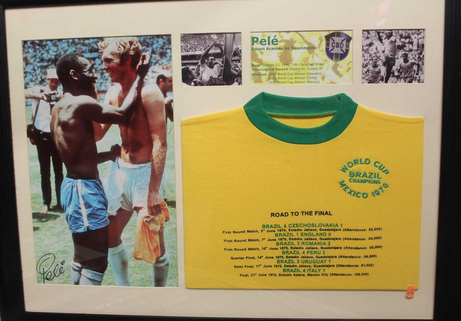 Brazil and Pelé interest - framed replica shirt and supporting photographs, signed by Pelé and in - Image 3 of 4