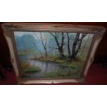 E G Burrows - Woodland stream, oil on board, signed lower right; together with a contemporary