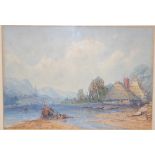 Late 19th century - figures on continental mountain lakeside, watercolour with body colour,