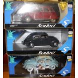 Three Solido Prestige 1/18 scale cars, to include Citroen 2CV VW and two VW Beetles