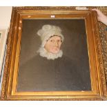 19th century English school, bust portrait of a woman wearing a lace bonnet, oil on canvas (re-