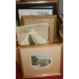 Two boxes of assorted pictures and prints etc, to include topographical engravings