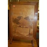 An inlaid small fire screen; together with a reproduciton mahogany pedestal wine table (2)