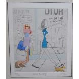 Assorted framed cartoons to include examples by Tim, Annie Tempest, all being pencil signed to the